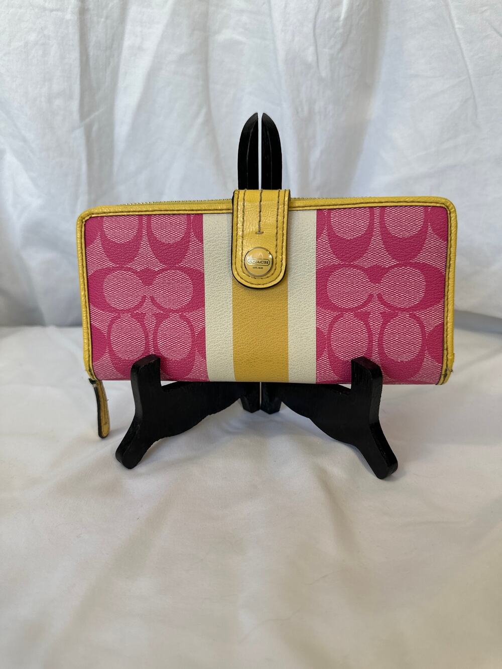Coach Signature  Pink Heritage White Yellow Stripe Accordion Wallet EUC